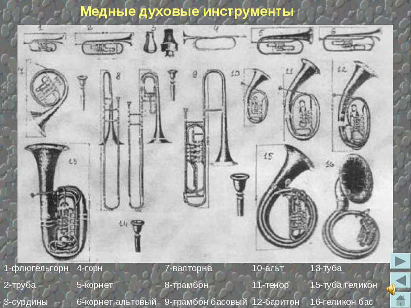 Медные духовые инструменты 1-флюгельгорн 2-труба 3-сурдины 4-горн 5-корнет 6-...