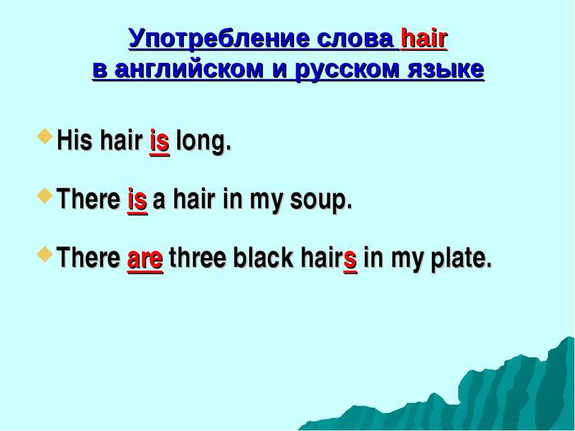 Употребление слова hair в английском и русском языке His hair is long. There ...
