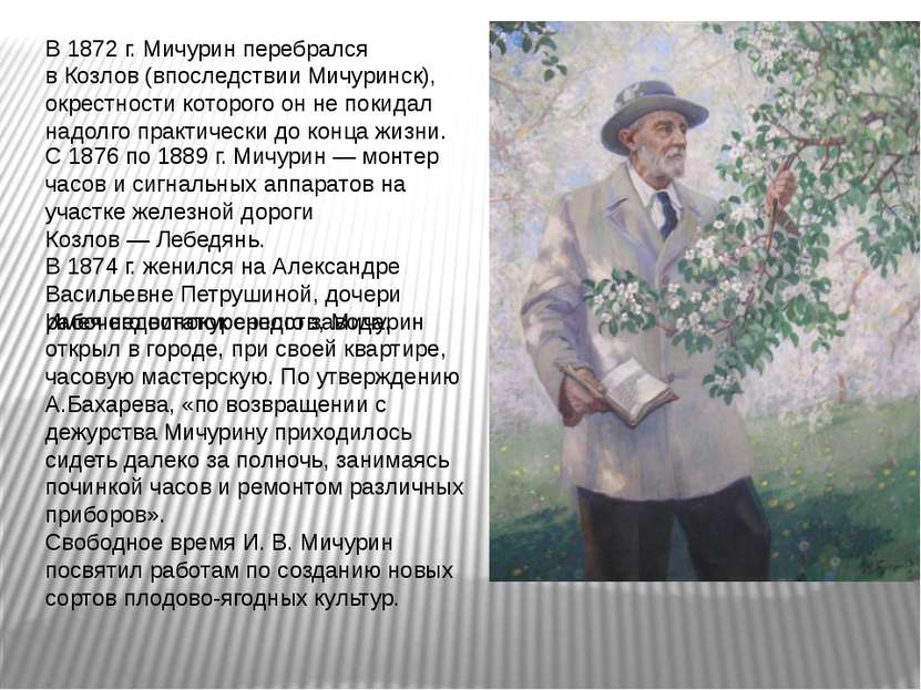 В 1872 г. Мичурин перебрался в Козлов (впоследствии Мичуринск), окрестности к...