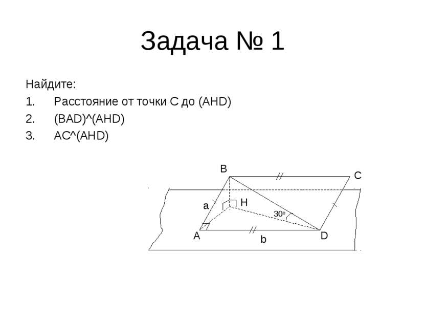 Задача № 1 Найдите: Расстояние от точки C до (AHD) (BAD)^(AHD) AC^(AHD) A D C...