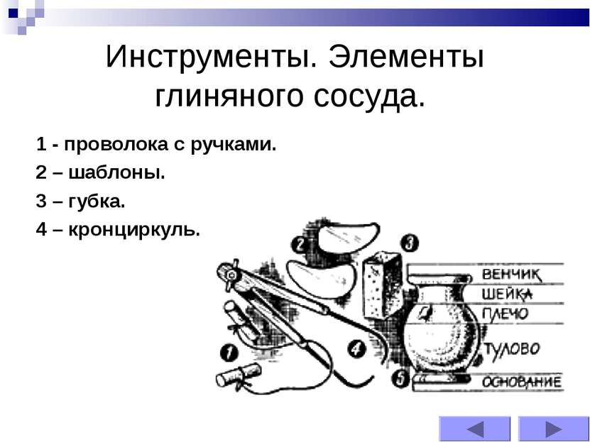 Инструменты. Элементы глиняного сосуда. 1 - проволока с ручками. 2 – шаблоны....