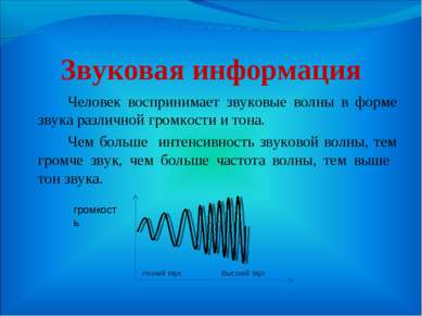 Звуковая информация Человек воспринимает звуковые волны в форме звука различн...