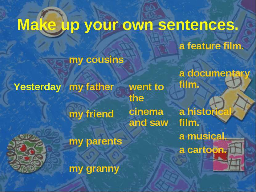 Make up your own sentences. Yesterday my cousins my father my friend my paren...