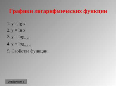 Графики логарифмических функции 1. y = lg x 2. y = ln x 3. y = loga x, a>1 4....