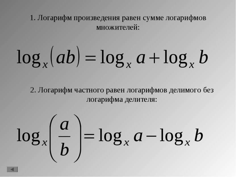 1. Логарифм произведения равен сумме логарифмов множителей: 2. Логарифм частн...