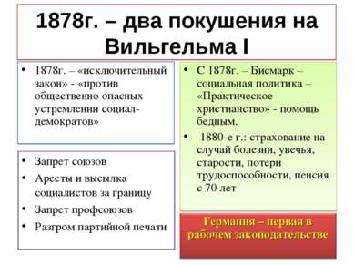 1878г. – два покушения на Вильгельма I 1878г. – «исключительный закон» - «про...