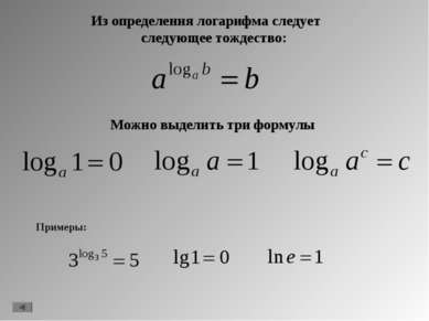 Можно выделить три формулы Из определения логарифма следует следующее тождест...