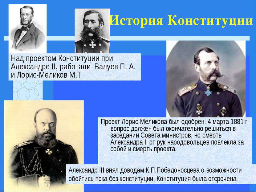 История Конституции Проект Лорис-Меликова был одобрен. 4 марта 1881 г. вопрос...