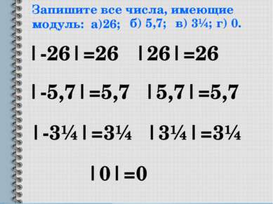 Запишите все числа, имеющие модуль: а)26; |-26|=26 |26|=26 б) 5,7; |-5,7|=5,7...