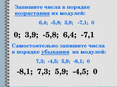 Запишите числа в порядке возрастания их модулей: 6,4; -5,8; 3,9; -7,1; 0 0; 3...