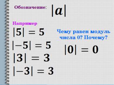 Обозначение: Например: Чему равен модуль числа 0? Почему?