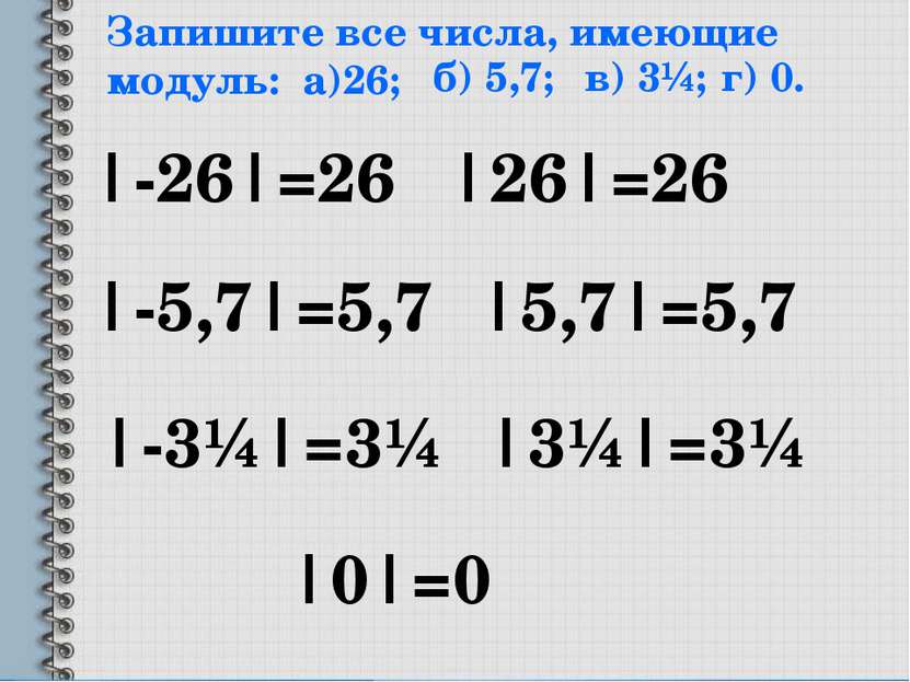 Запишите все числа, имеющие модуль: а)26; |-26|=26 |26|=26 б) 5,7; |-5,7|=5,7...