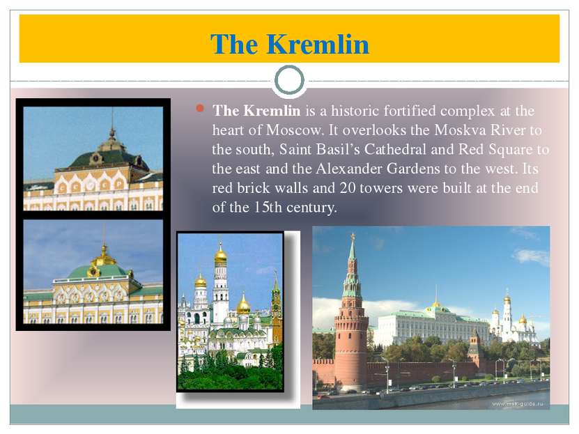 The Kremlin is a historic fortified complex at the heart of Moscow. It overlo...