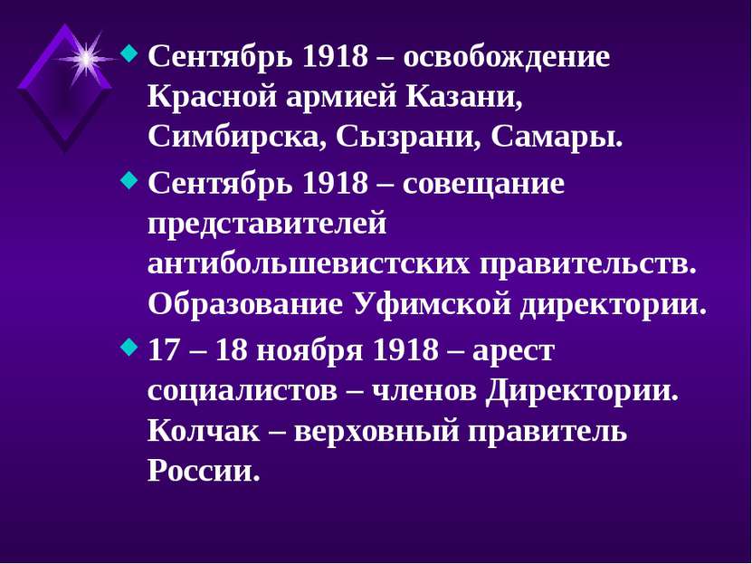 Сентябрь 1918 – освобождение Красной армией Казани, Симбирска, Сызрани, Самар...