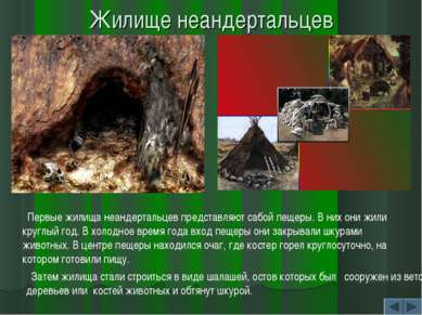 Жилище неандертальцев Первые жилища неандертальцев представляют сабой пещеры....