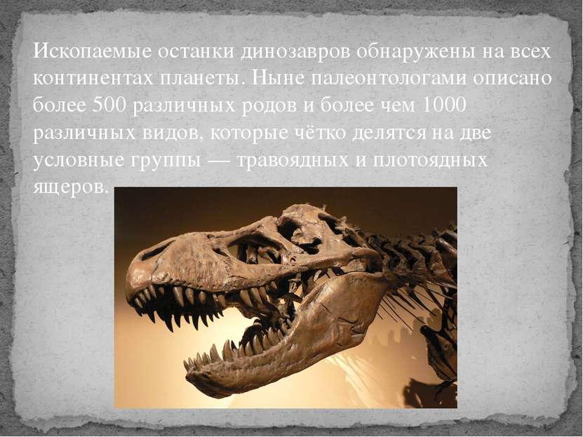 Ископаемые останки динозавров обнаружены на всех континентах планеты. Ныне па...