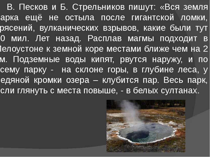 В. Песков и Б. Стрельников пишут: «Вся земля парка ещё не остыла после гигант...