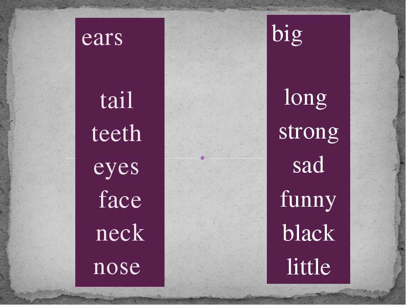 ears tail teeth eyes face neck nose big long strong sad funny black little