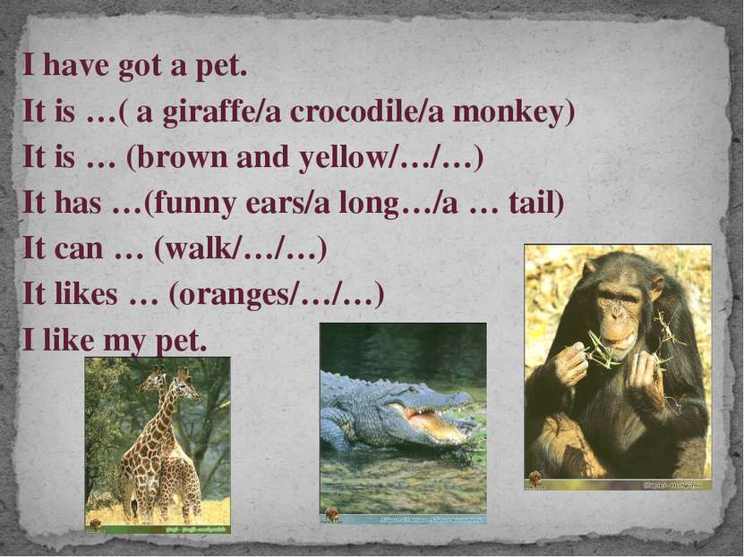 I have got a pet. It is …( a giraffe/a crocodile/a monkey) It is … (brown and...