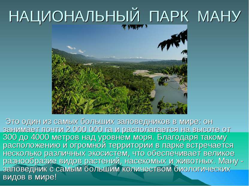 НАЦИОНАЛЬНЫЙ ПАРК МАНУ Это один из самых больших заповедников в мире: он зани...