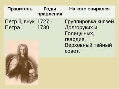 Правитель Годы правления На кого опирался Петр ll, внук Петра l 1727 - 1730 Г...