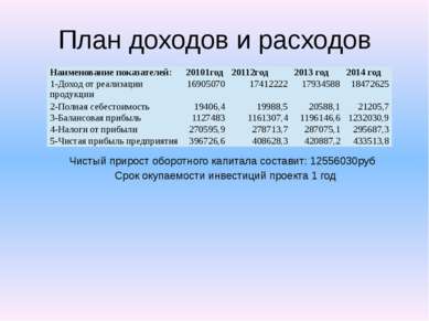 План доходов и расходов Чистый прирост оборотного капитала составит: 12556030...