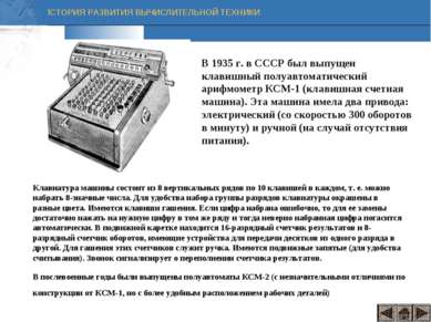 В 1935 г. в СССР был выпущен клавишный полуавтоматический арифмометр КСМ-1 (к...