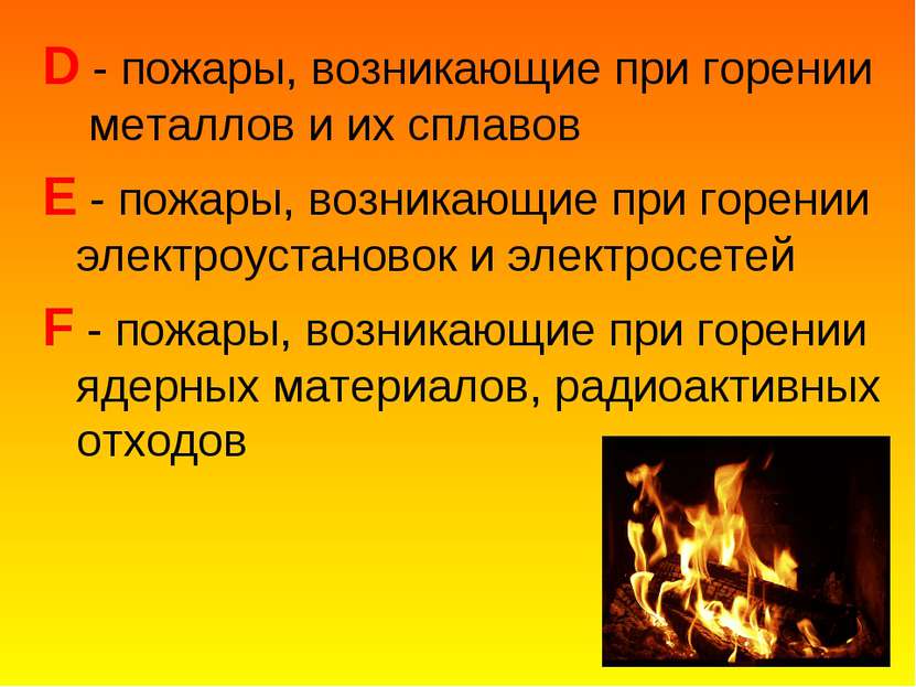 D - пожары, возникающие при горении металлов и их сплавов E - пожары, возника...