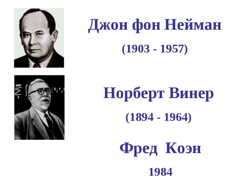 Джон фон Нейман (1903 - 1957) Норберт Винер (1894 - 1964) Фред Коэн 1984