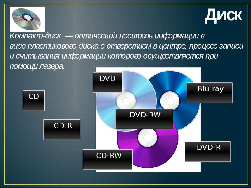 Диск CD DVD Компакт-диск  — оптический носитель информации в виде пластиковог...