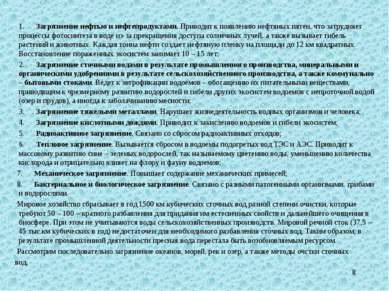 * 1.      Загрязнение нефтью и нефтепродуктами. Приводит к появлению нефтяных...