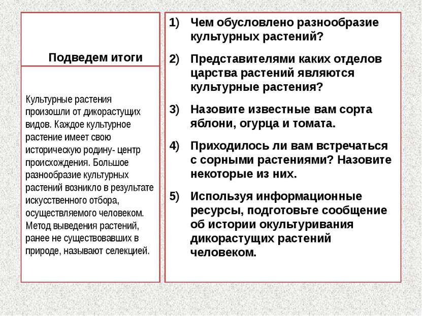 Подведем итоги Чем обусловлено разнообразие культурных растений? Представител...