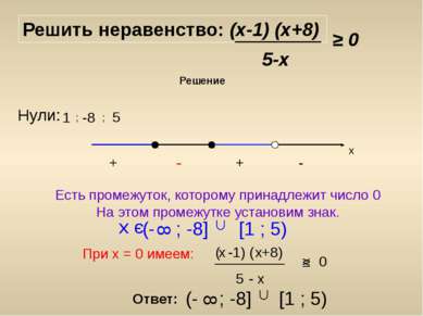 Решить неравенство: (х-1) (х+8) 5-х ≥ 0 Решение Нули: 1 ; -8 ; 5 х Есть проме...