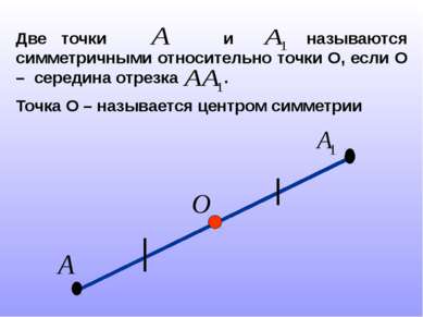 Две точки и называются симметричными относительно точки О, если О – середина ...