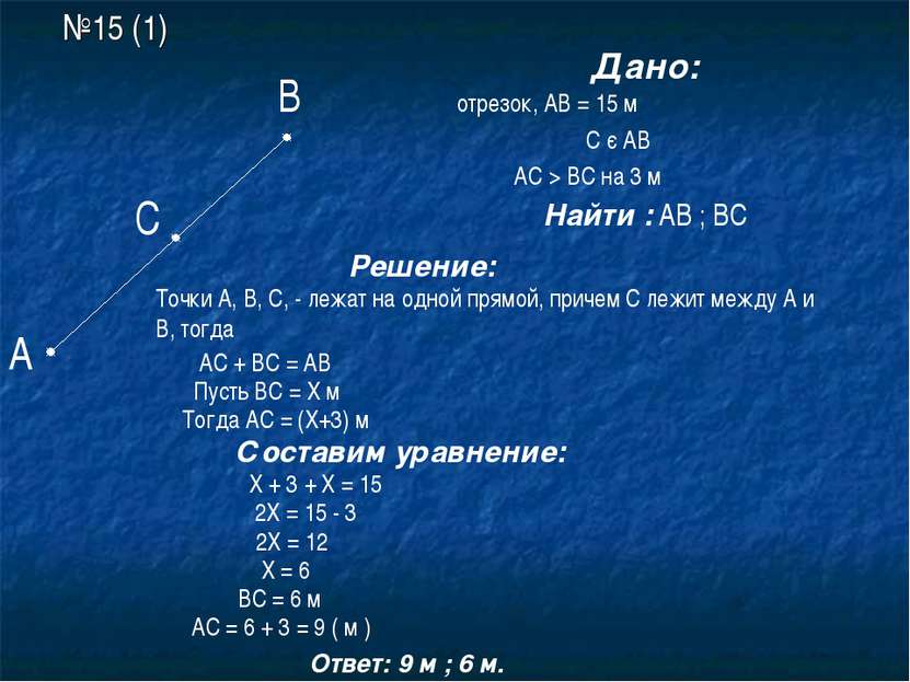 №15 (1) А В С Дано: АВ –отрезок, АВ = 15 м С є АВ АС > ВС на 3 м Найти : АВ ;...