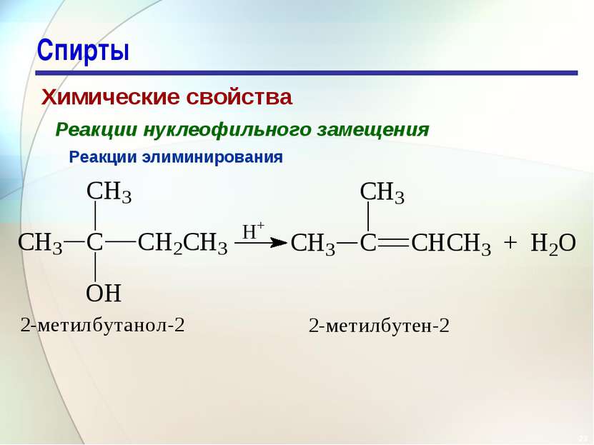 * Спирты Химические свойства Реакции нуклеофильного замещения Реакции элимини...