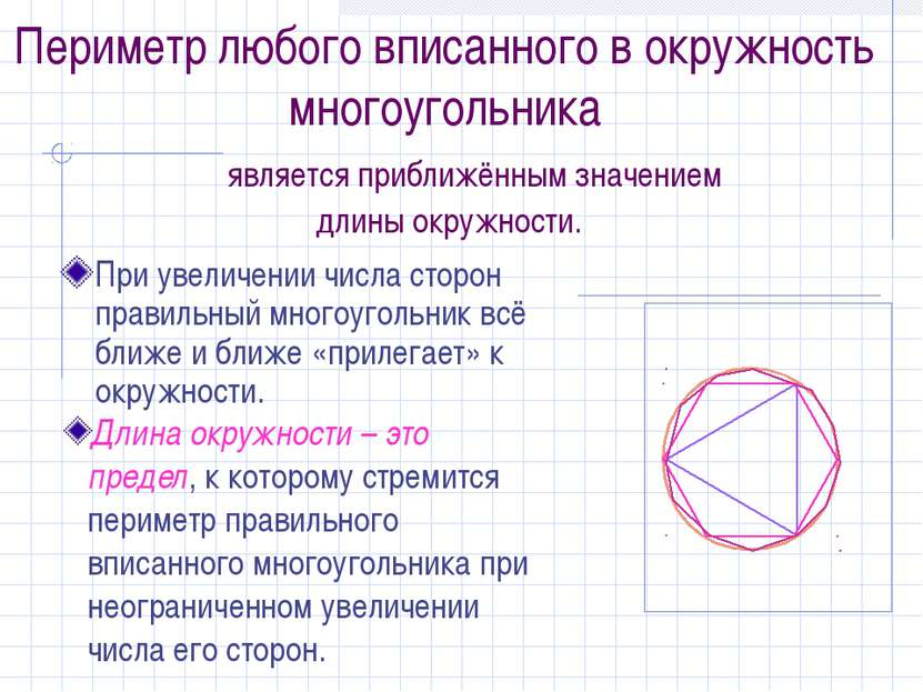 Периметр любого вписанного в окружность многоугольника является приближённым ...