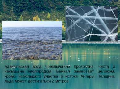 Байкальская вода чрезвычайно прозрачна, чиста и насыщена кислородом. Байкал з...