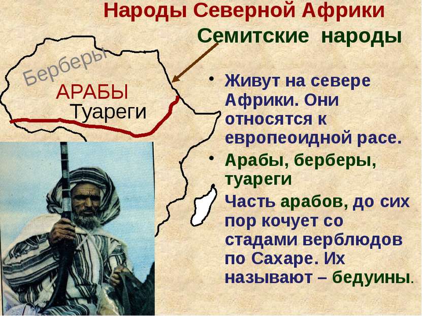 Народы Северной Африки Семитские народы Живут на севере Африки. Они относятся...