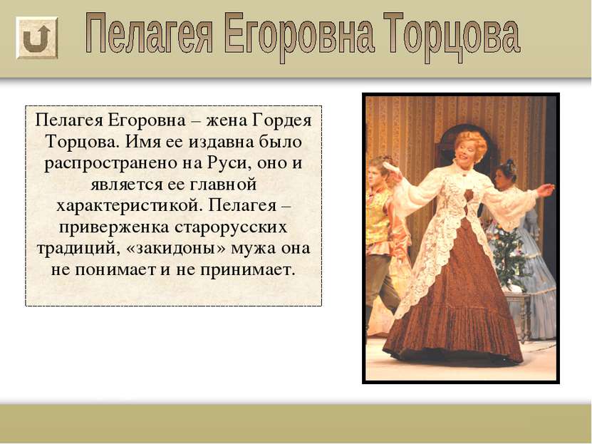 Пелагея Егоровна – жена Гордея Торцова. Имя ее издавна было распространено на...