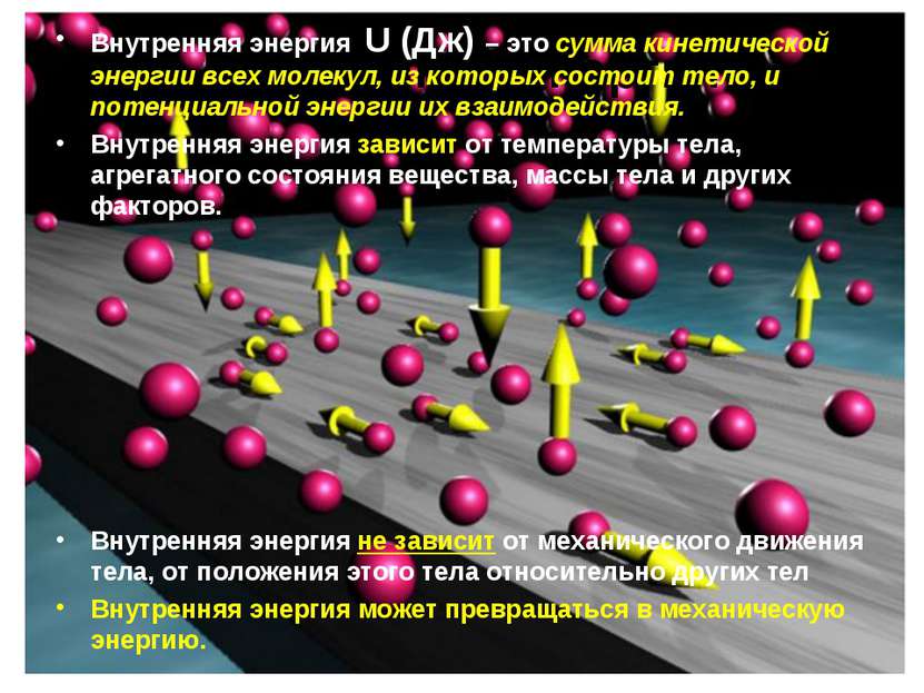Внутренняя энергия Внутренняя энергия U (Дж) – это сумма кинетической энергии...