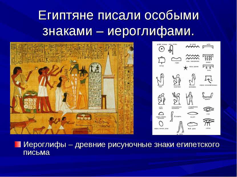 Египтяне писали особыми знаками – иероглифами. Иероглифы – древние рисуночные...