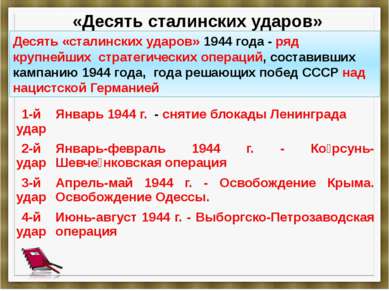 «Десять сталинских ударов» Десять «сталинских ударов» 1944 года - ряд крупней...