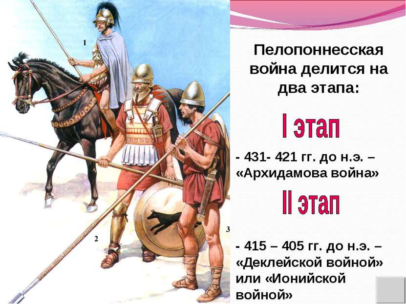 Пелопоннесская война делится на два этапа: - 431- 421 гг. до н.э. – «Архидамо...