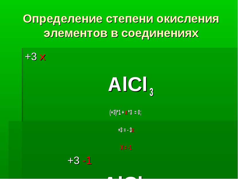 Определение степени окисления элементов в соединениях +3 х АlСl 3 (+3)*1 + х ...