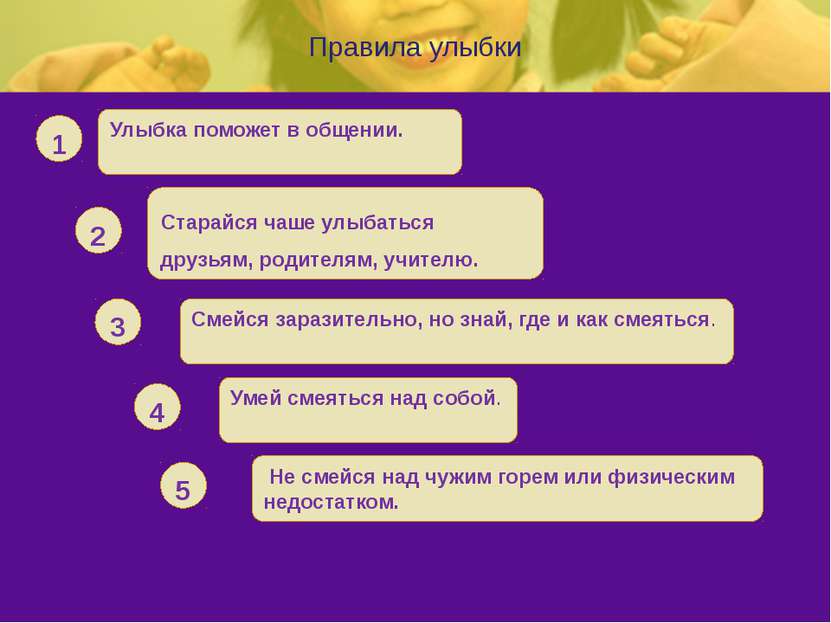 Правила улыбки Улыбка поможет в общении. 1 Старайся чаше улыбаться друзьям, р...