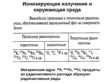 Ионизирующее излучение и окружающая среда Материнские ядра: 40К, 232Th, 238U;...