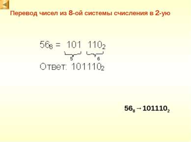 Перевод чисел из 8-ой системы счисления в 2-ую 568→1011102 6 5