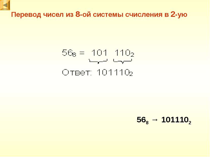 Перевод чисел из 8-ой системы счисления в 2-ую 568 → 1011102