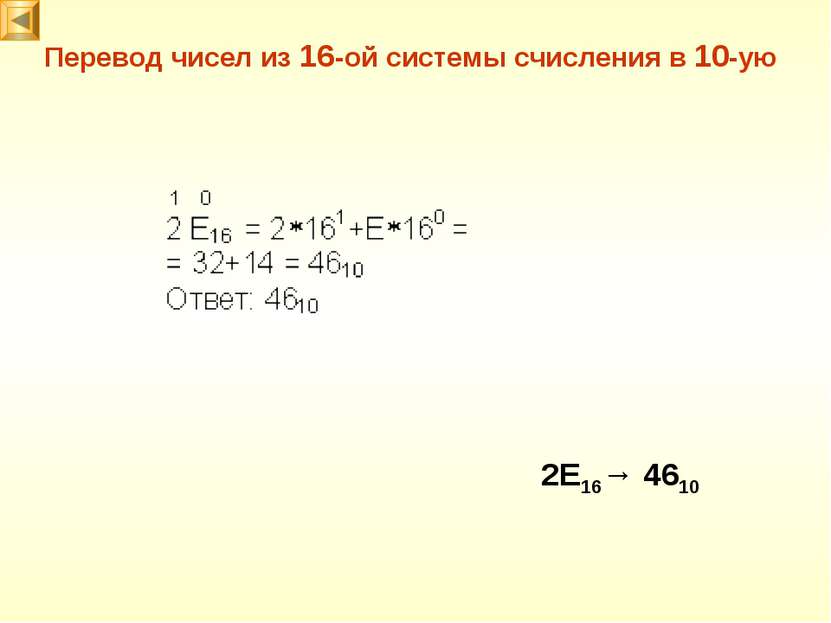 2E16→ 4610 Перевод чисел из 16-ой системы счисления в 10-ую